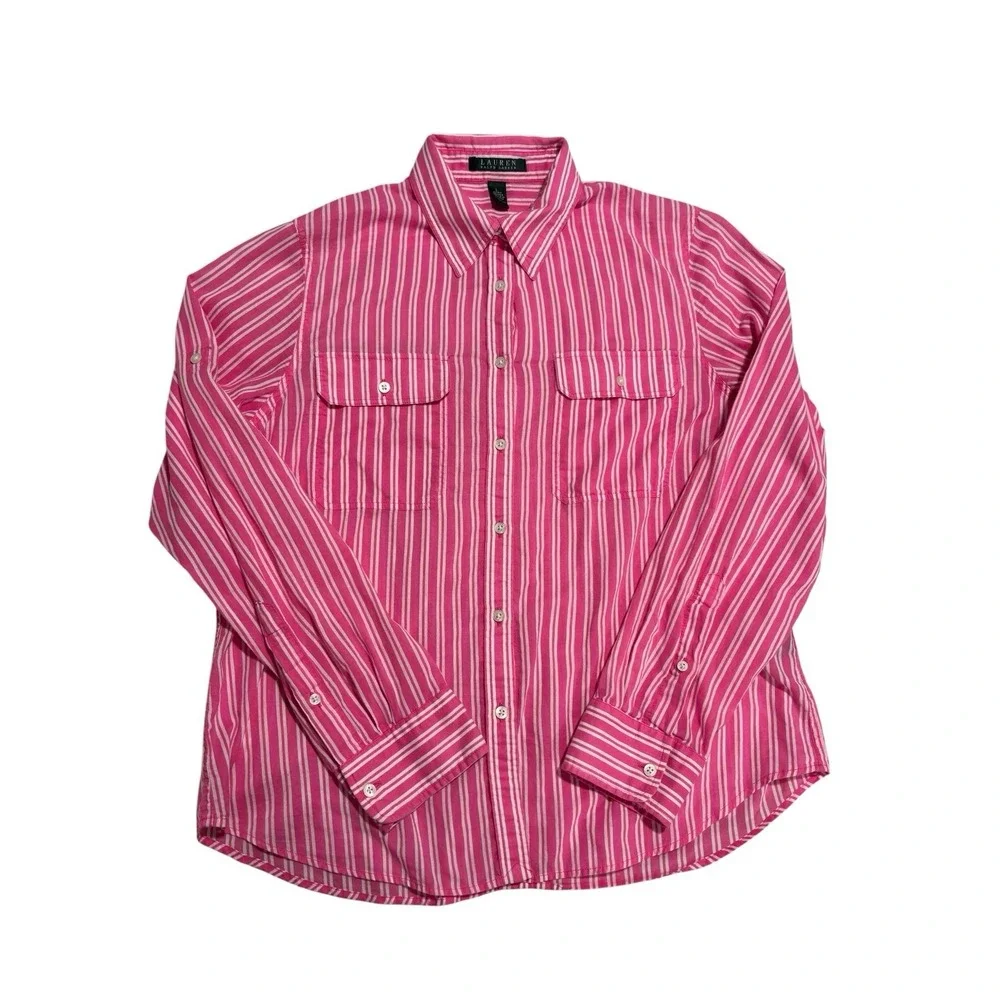 Lauren Ralph Lauren Pink White Striped 100% Cotton Button-Up Shirt‎ Sz L